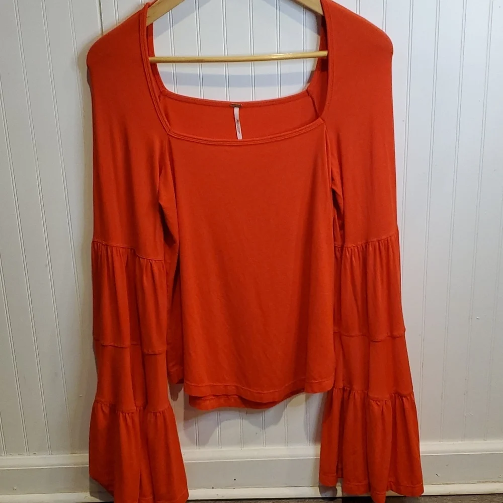 Free People Red Bell Sleeve Scoop Neck Top